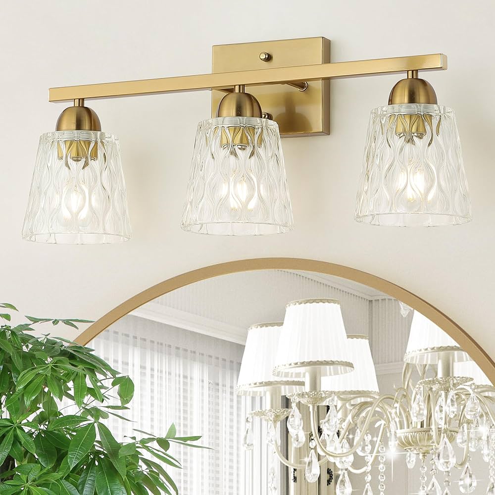 Mecgirn Stainless Steel Bathroom Vanity Light Over Mirror, 3 Light Brushed Gold Bathroom Light Fixtures with Textured Glass Shades, Modern Vanity Lighting Wall Mount - Amazon.com